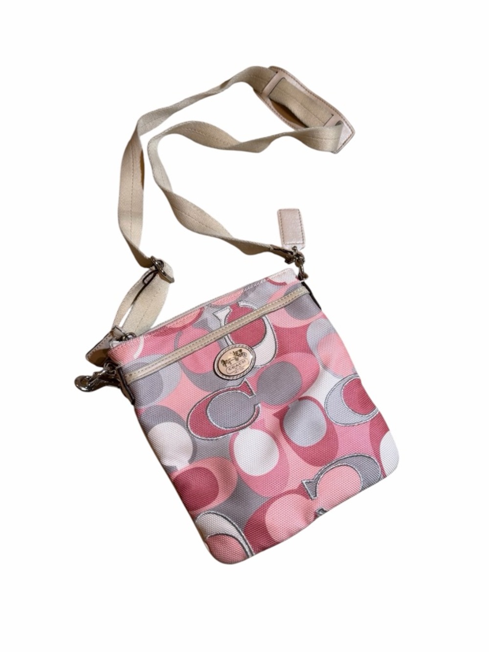 Y2K Coach Pink and Gray Signature Crossbody Bag with Beige Strap